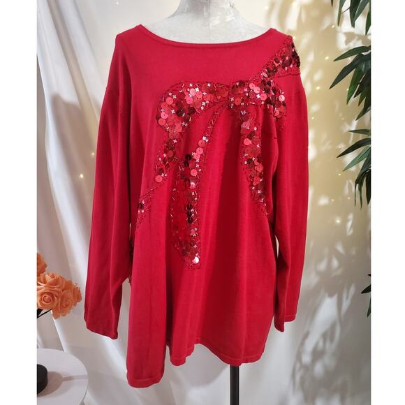 Vtg Quacker Factory Sequin Beaded Embellished Bow Top Plus Size 3X Red Cotton - Picture 1 of 12